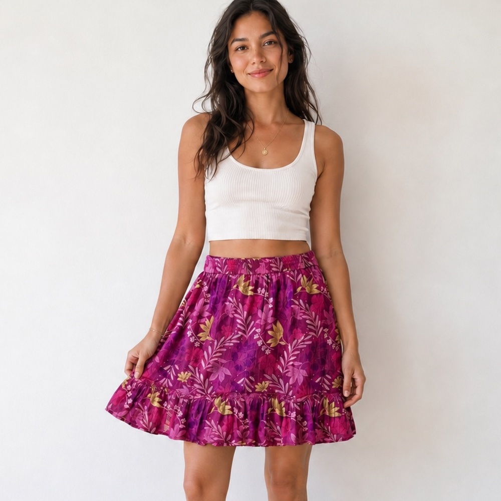 Rachel Roy Purple Floral Ruffle Mini Skirt Boho Cottagecore Cotton Size Small